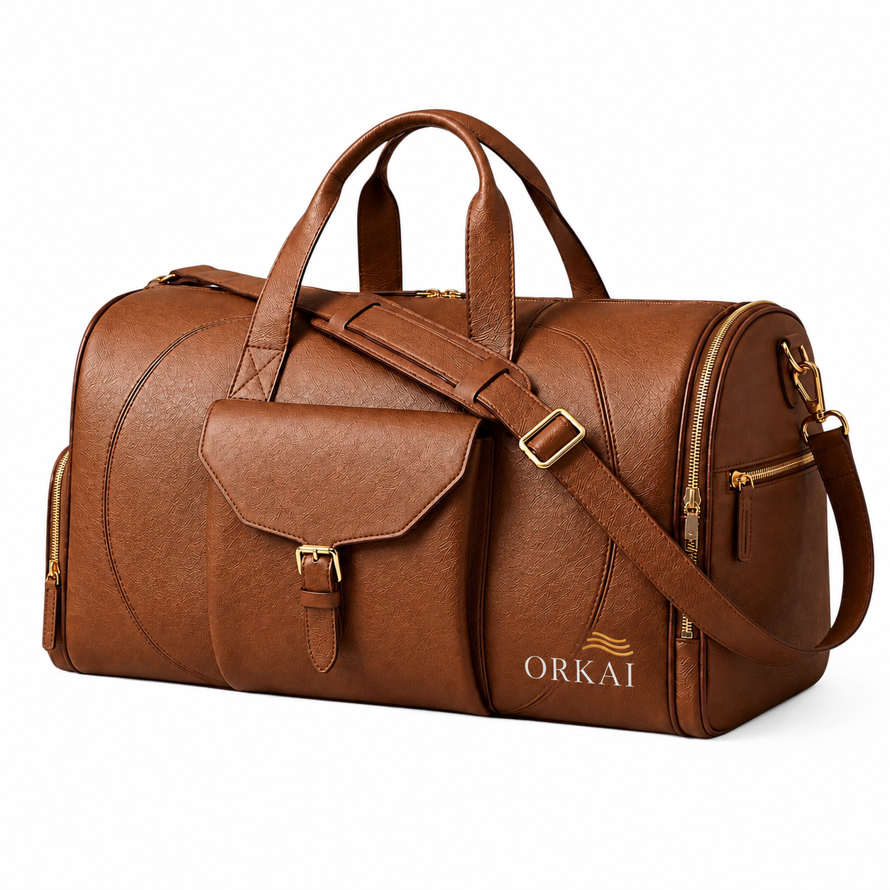 Lifestyle Carry in Classic Camel — front three-quarter view with shoulder strap, flap pocket and ORKAI logo