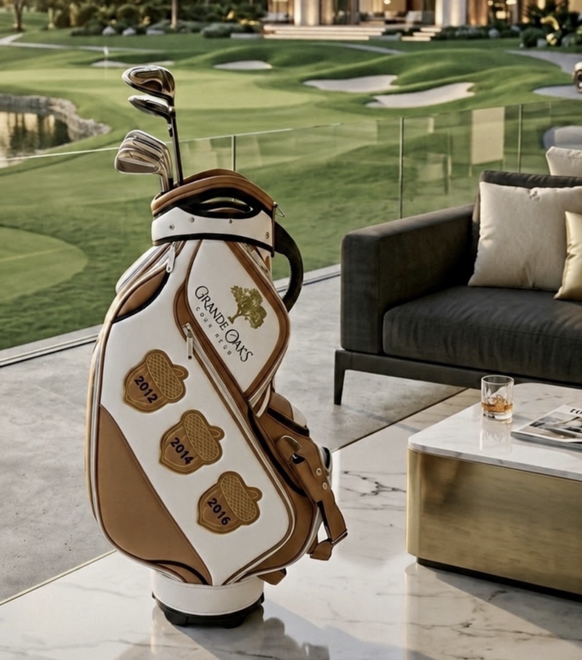 ORKAI™ white and cognac Grande Oaks Country Club commission with the club logo