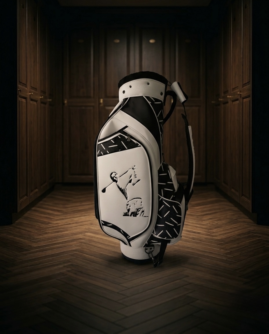 Artist commission staff bag in white and black with a futuristic paintbrush impression of a golfer mid-swing, displayed in a wood-paneled locker room