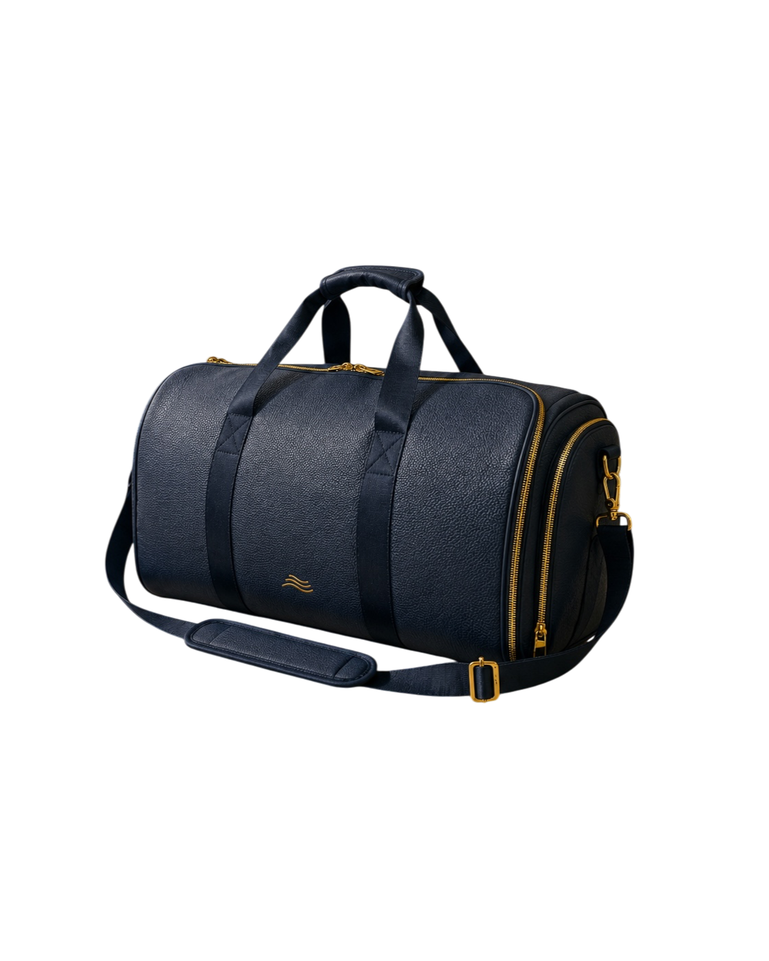 Garment Duffle in Estate Blue pebbled leather with gold hardware — three-quarter view