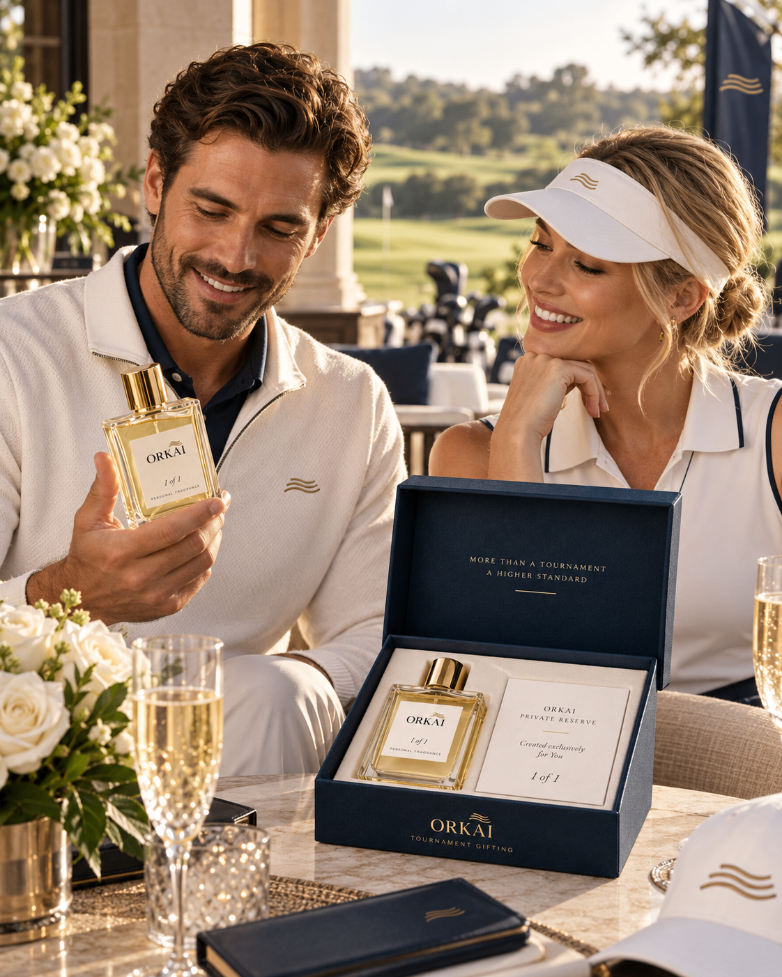 Two golfers admiring an ORKAI™ Private Reserve fragrance and its Estate Blue gift box at the clubhouse