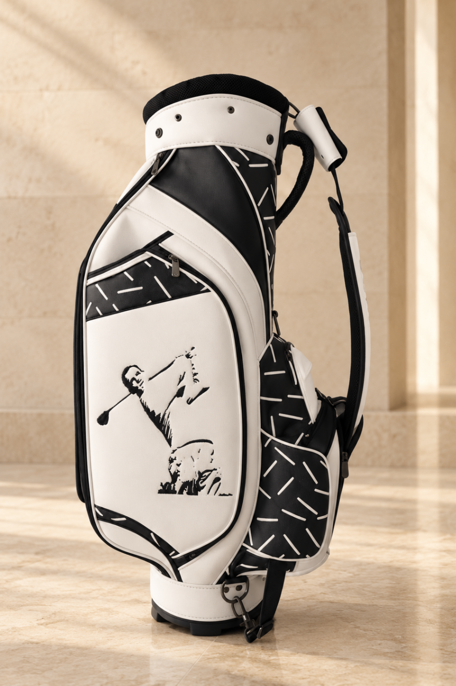 Artist commission staff bag in white and black with a futuristic paintbrush impression of a golfer mid-swing, displayed in a wood-paneled locker room