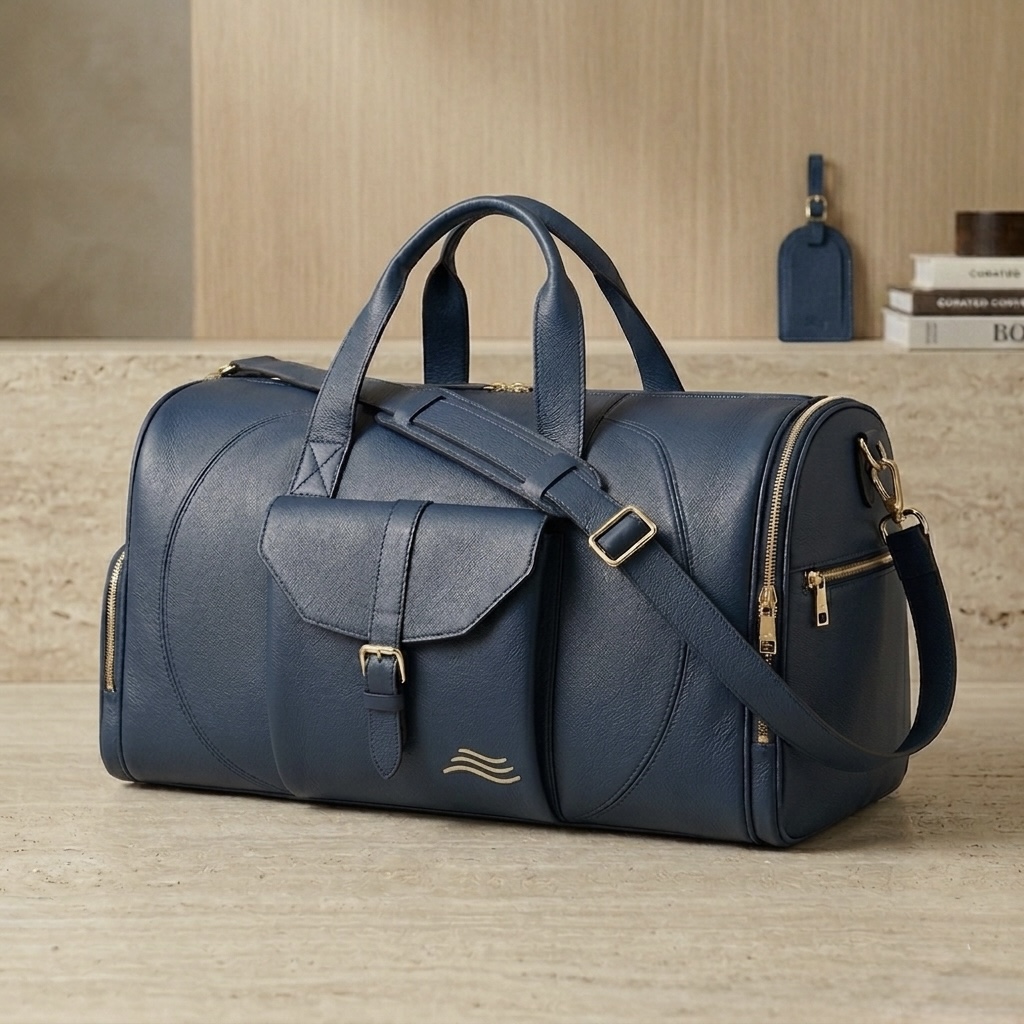 ORKAI custom lifestyle duffle in estate blue leather with brass hardware