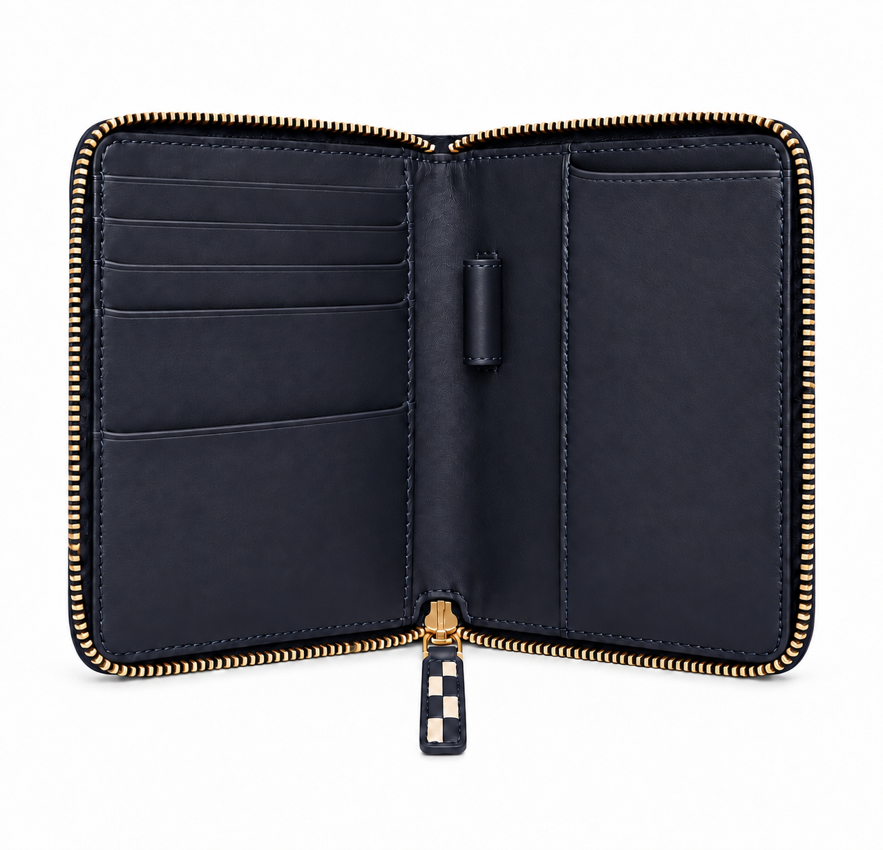 Passport Wallet open interior with four card slots, passport sleeve, pen loop, polished gold zip-around closure and Estate Blue and Ivory woven checkerboard pull