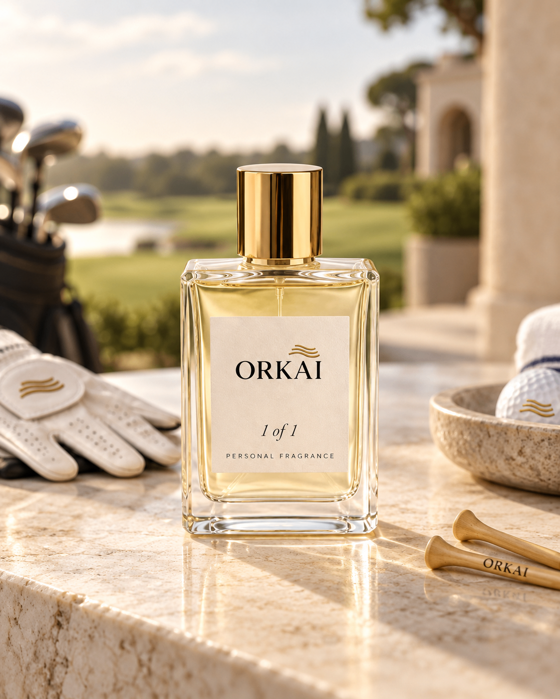 A single ORKAI™ 1 of 1 personal fragrance bottle on a marble ledge overlooking the course
