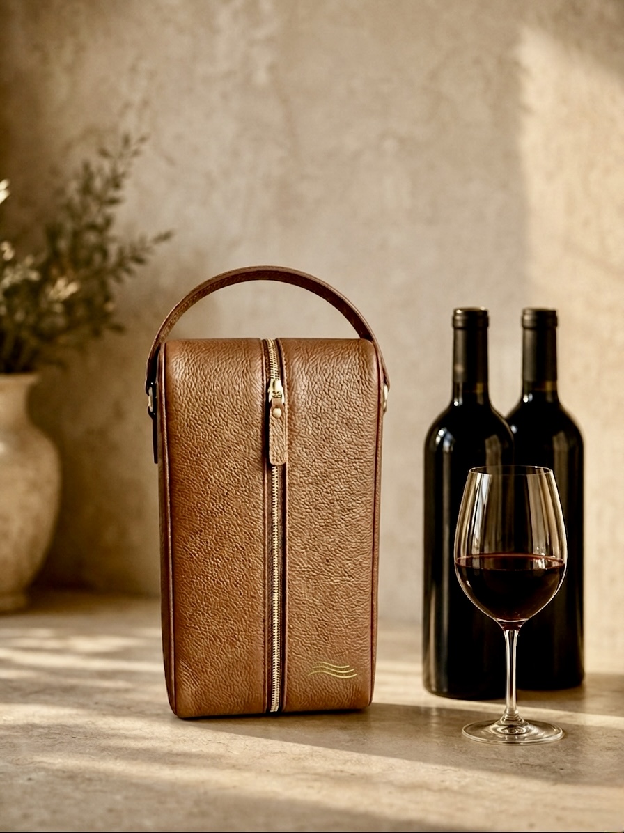 ORKAI custom navy double wine case with brass crest in a cellar
