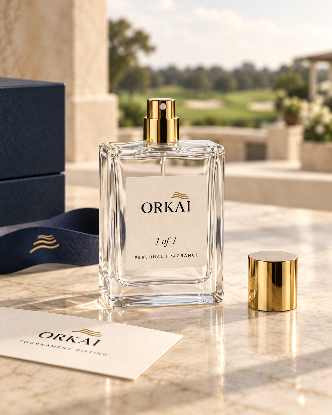 An open ORKAI™ fragrance bottle with its gold cap beside an Estate Blue box and Tournament Gifting card