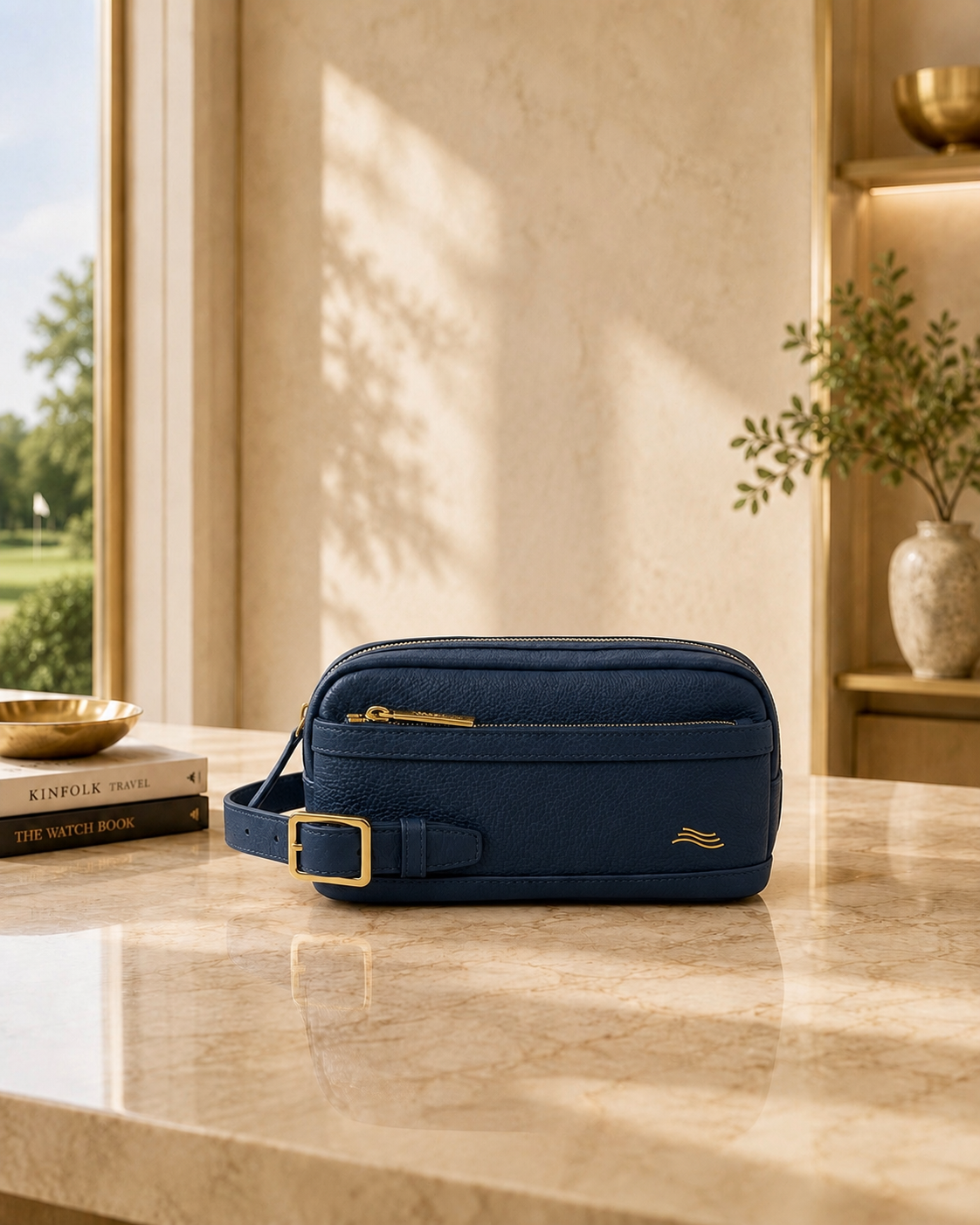 ORKAI custom navy leather travel pouch with gold hardware on a marble table beside travel books