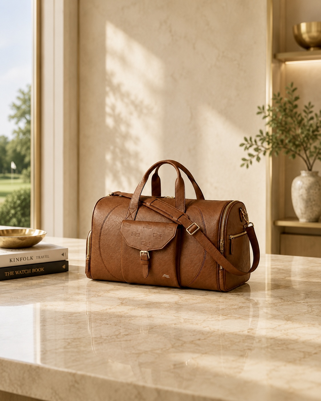 ORKAI custom lifestyle duffle in classic camel leather with brass hardware on a marble table