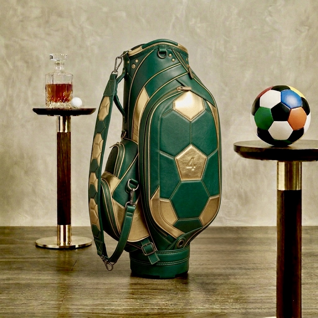 ORKAI licensed emerald and gold leather golf bag with numbered crest