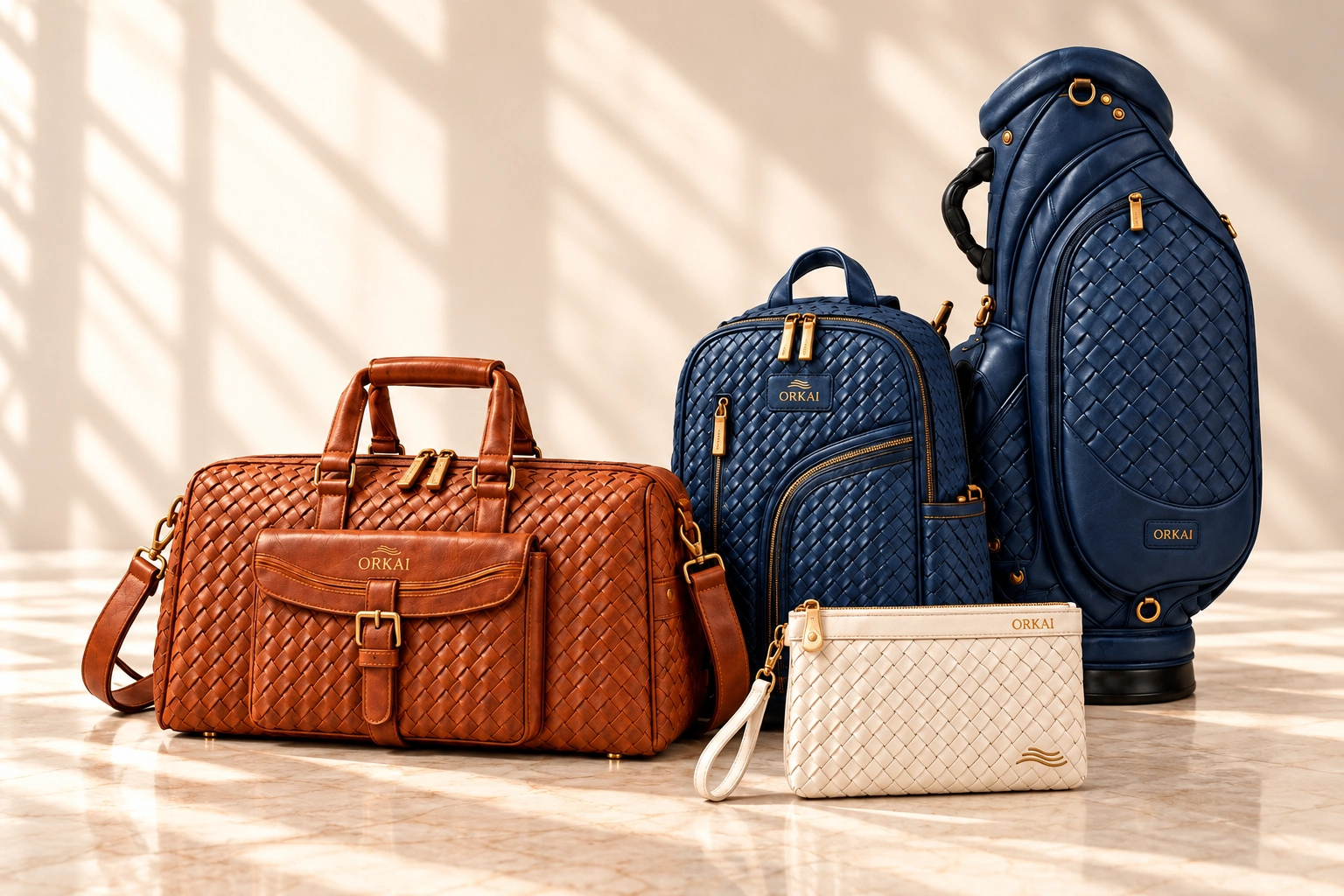 The ORKAI™ hand-woven collection in window light: The Voyager in Cognac, the Everyday Backpack and a cart bag in Estate Blue, and a wristlet pouch in Ivory.