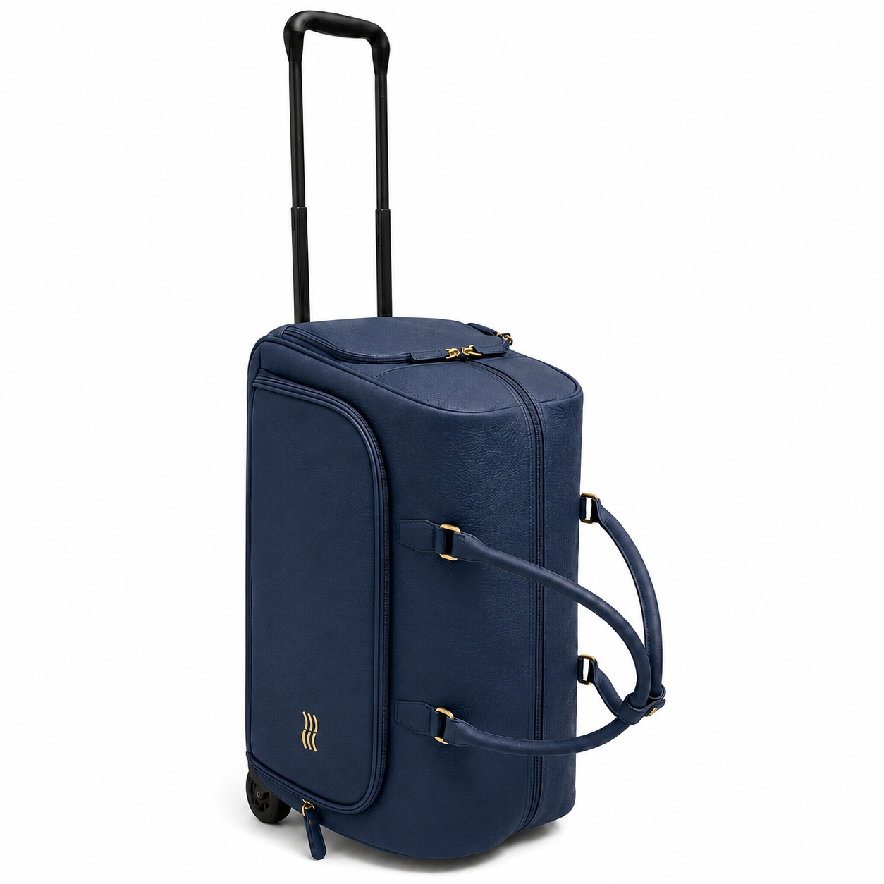 Roam Roller Duffle in Estate Blue — upright with trolley handle extended