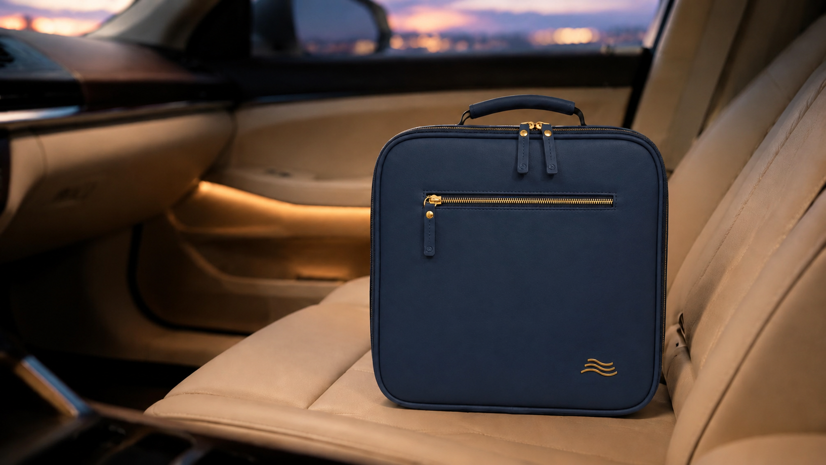 ORKAI Valet Case on the rear seat of a car at dusk