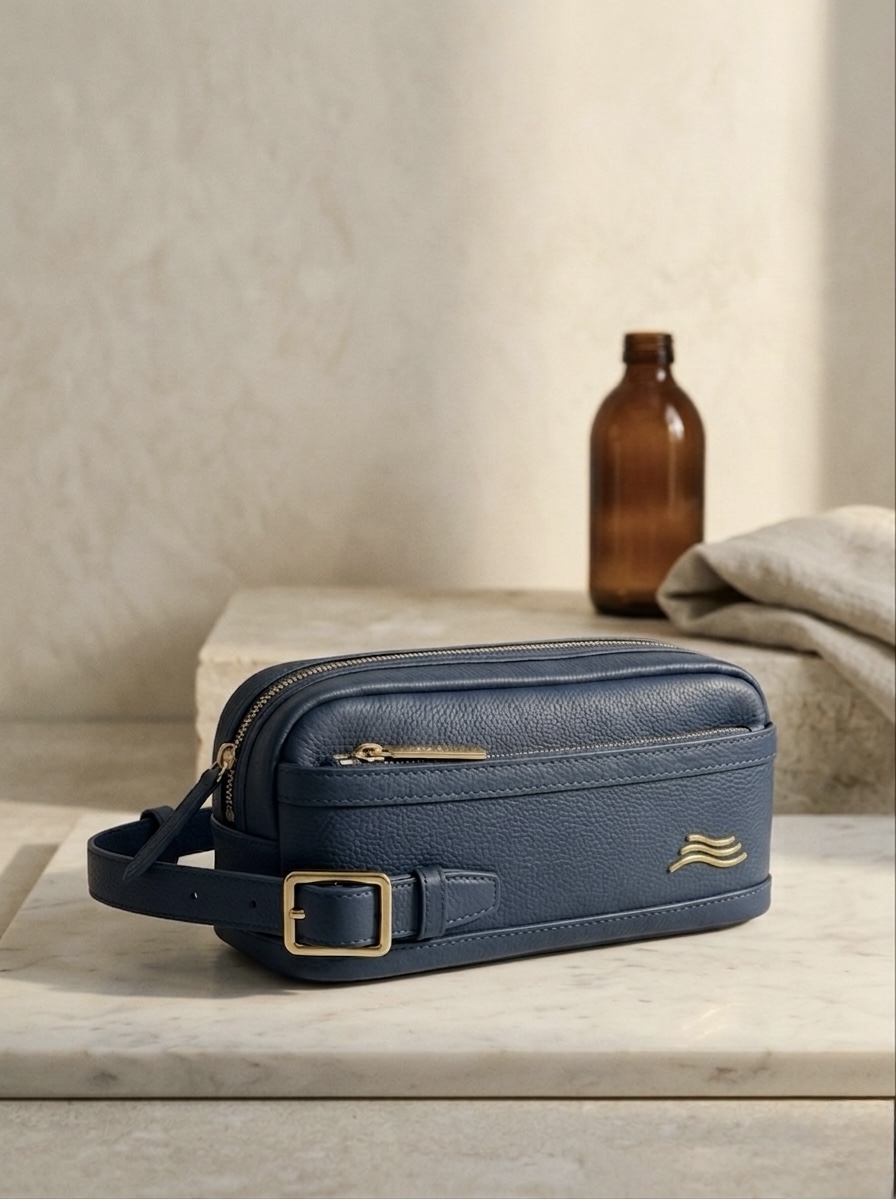 ORKAI custom navy leather travel pouch on a writer's desk