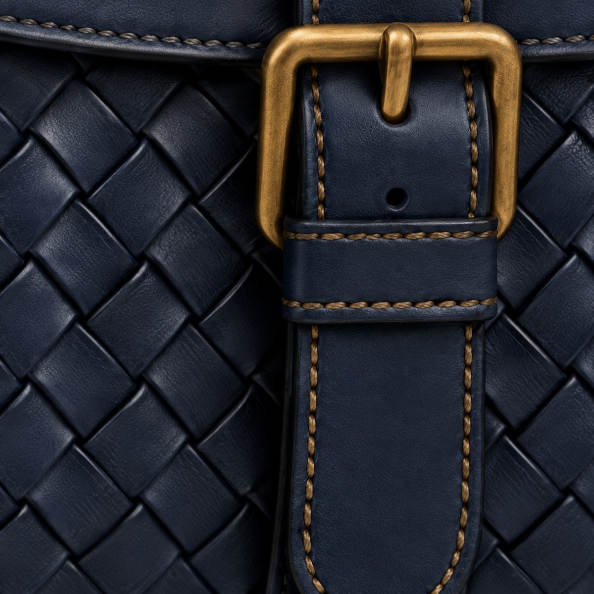 Brass buckle finish on Estate Blue leather