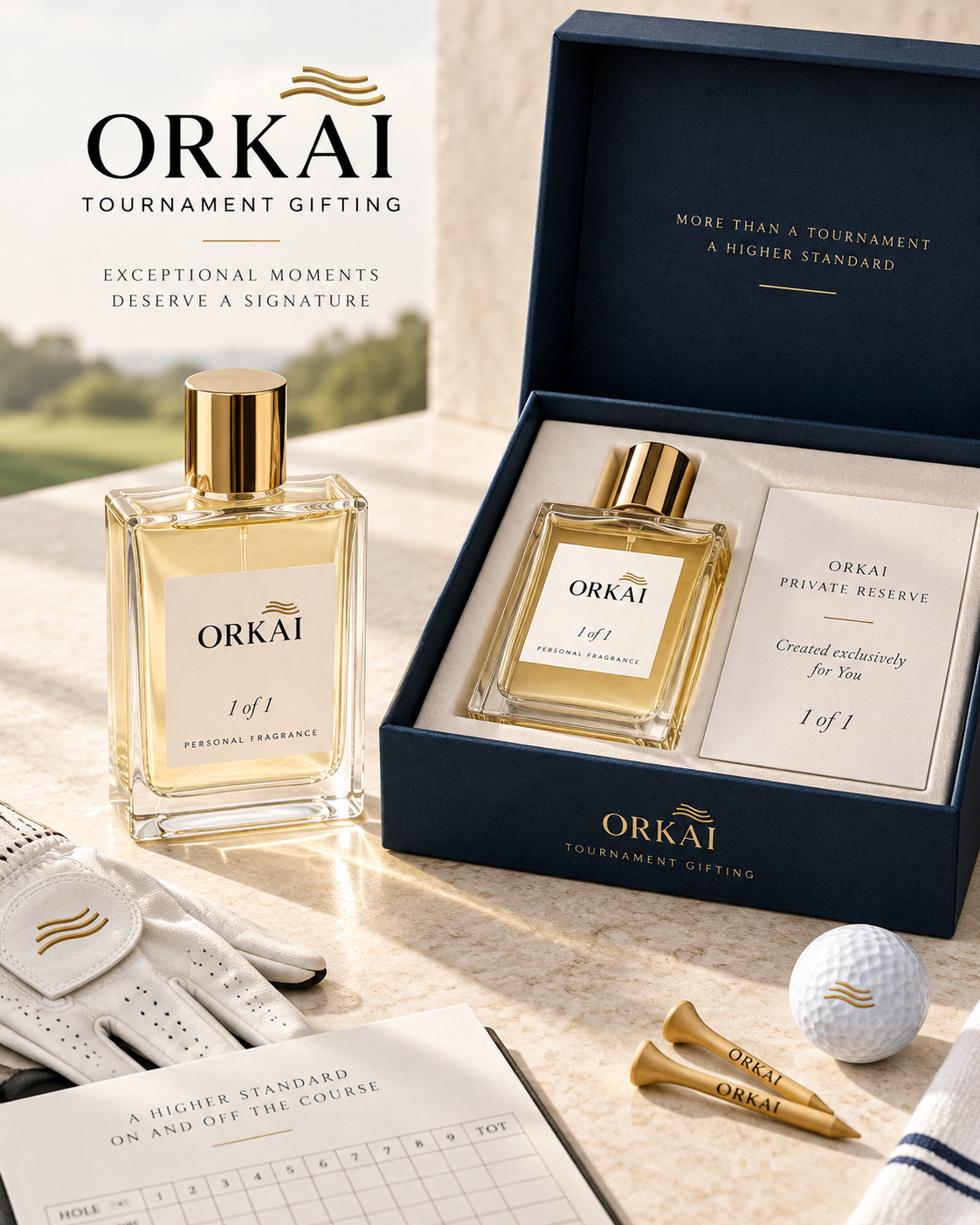 The open Estate Blue ORKAI™ presentation box with a 1 of 1 fragrance and personal card