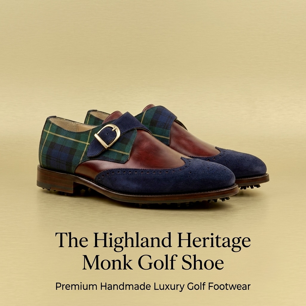 Highland Heritage tartan and navy suede monk golf shoe