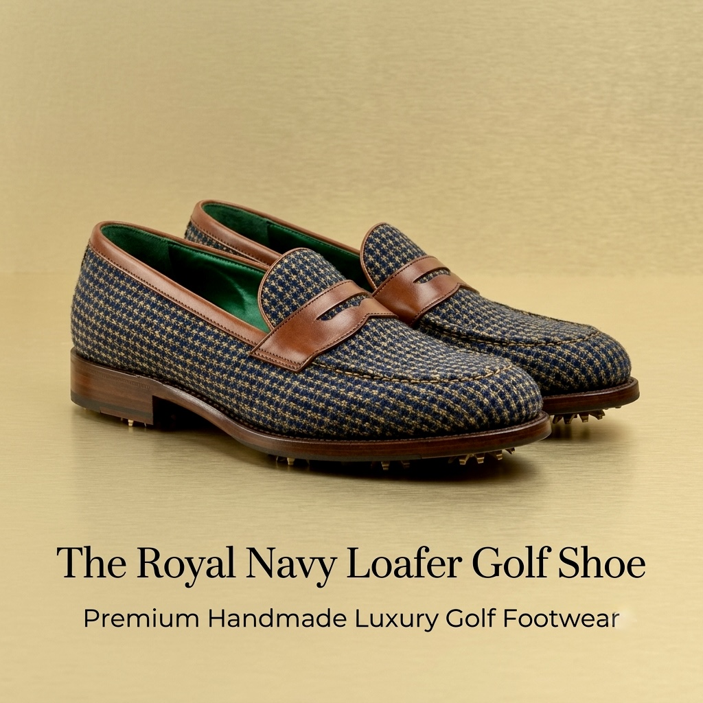 Navy houndstooth and cognac penny loafer golf shoe