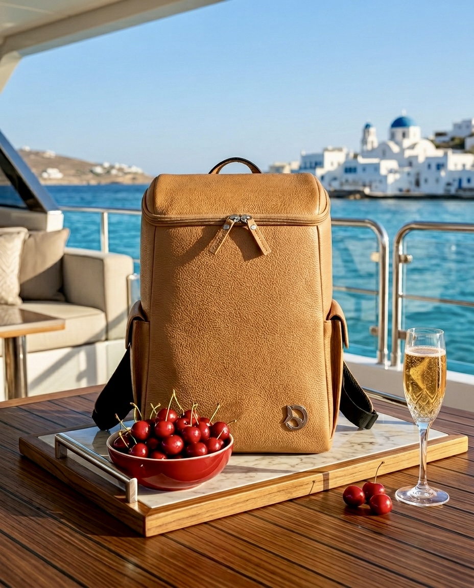 ORKAI custom beverage backpack in cream leather on a yacht at sunset