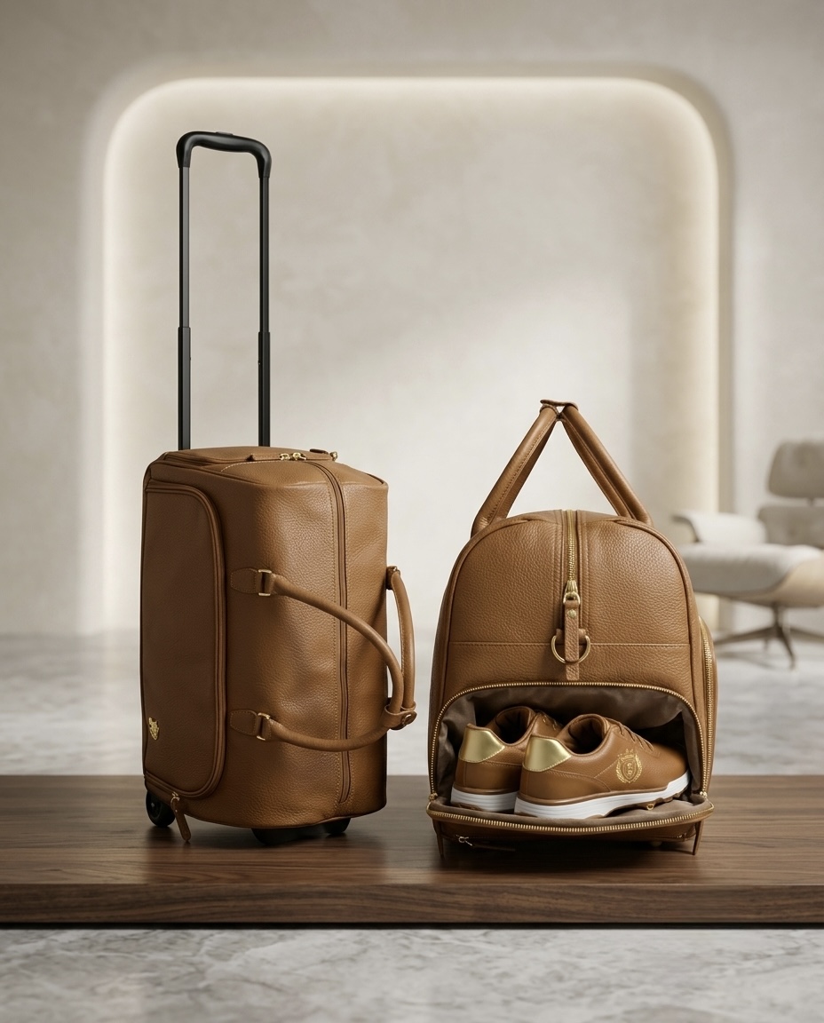 ORKAI custom navy roller duffle and weekender on a private jet