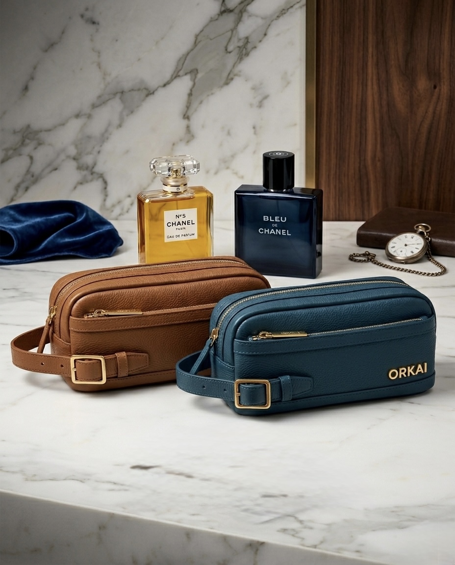 ORKAI custom navy leather travel pouch on a writer's desk
