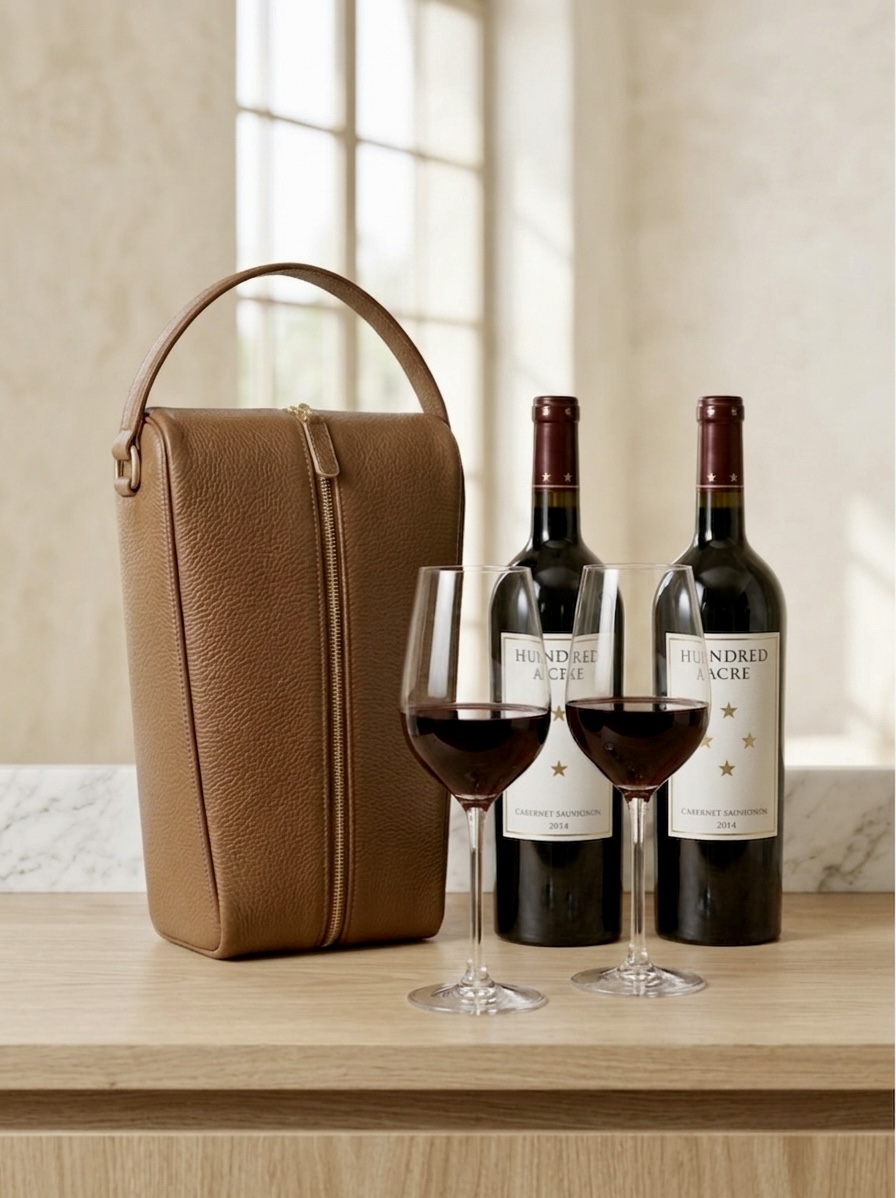 ORKAI custom navy double wine case with brass crest in a cellar