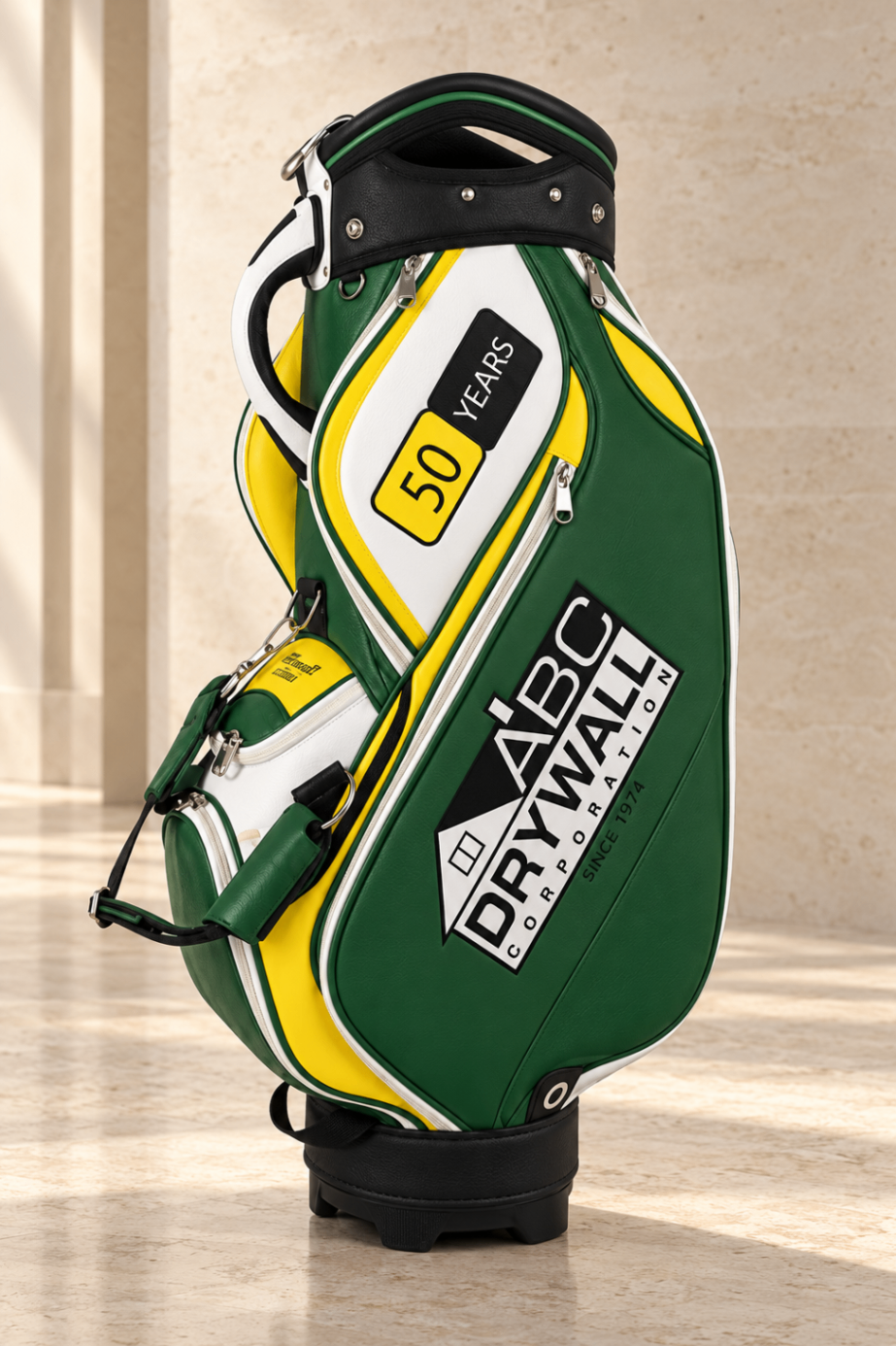Company anniversary commemorative staff bag in green, white and gold celebrating 50 years in business