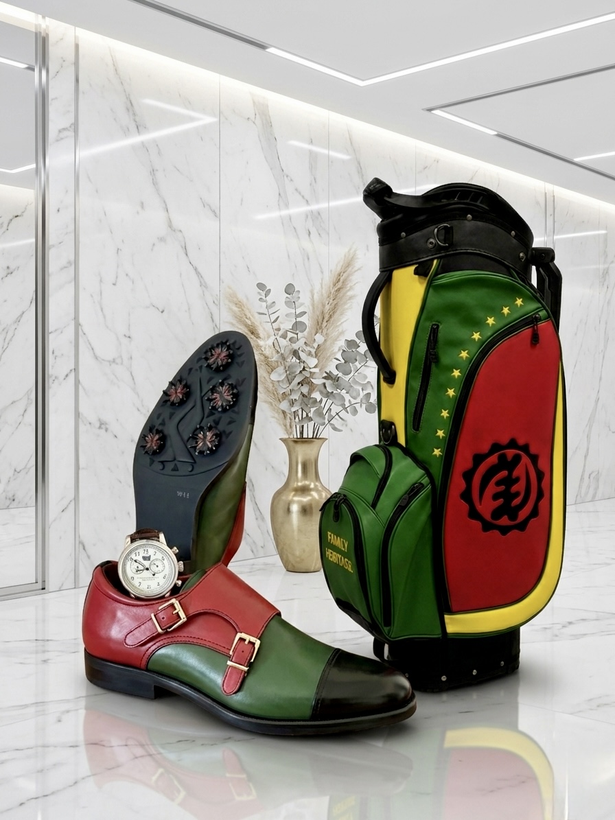 Family Lineage commission — matching custom staff bag and two-tone monk-strap golf shoes in green, yellow and red with the Adinkra Gye Nyame crest