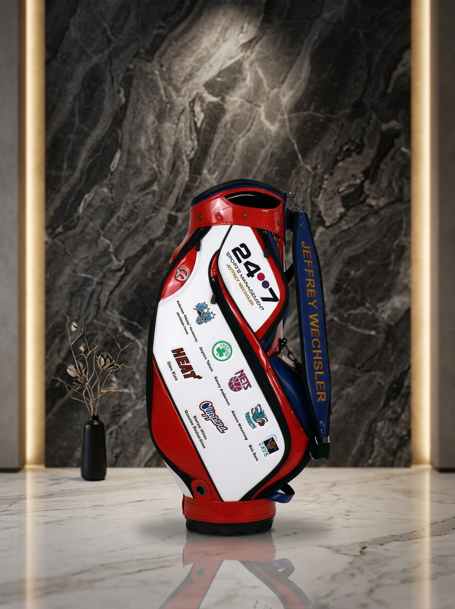 Professional sports agency tour staff bag with team crests on red, white and royal