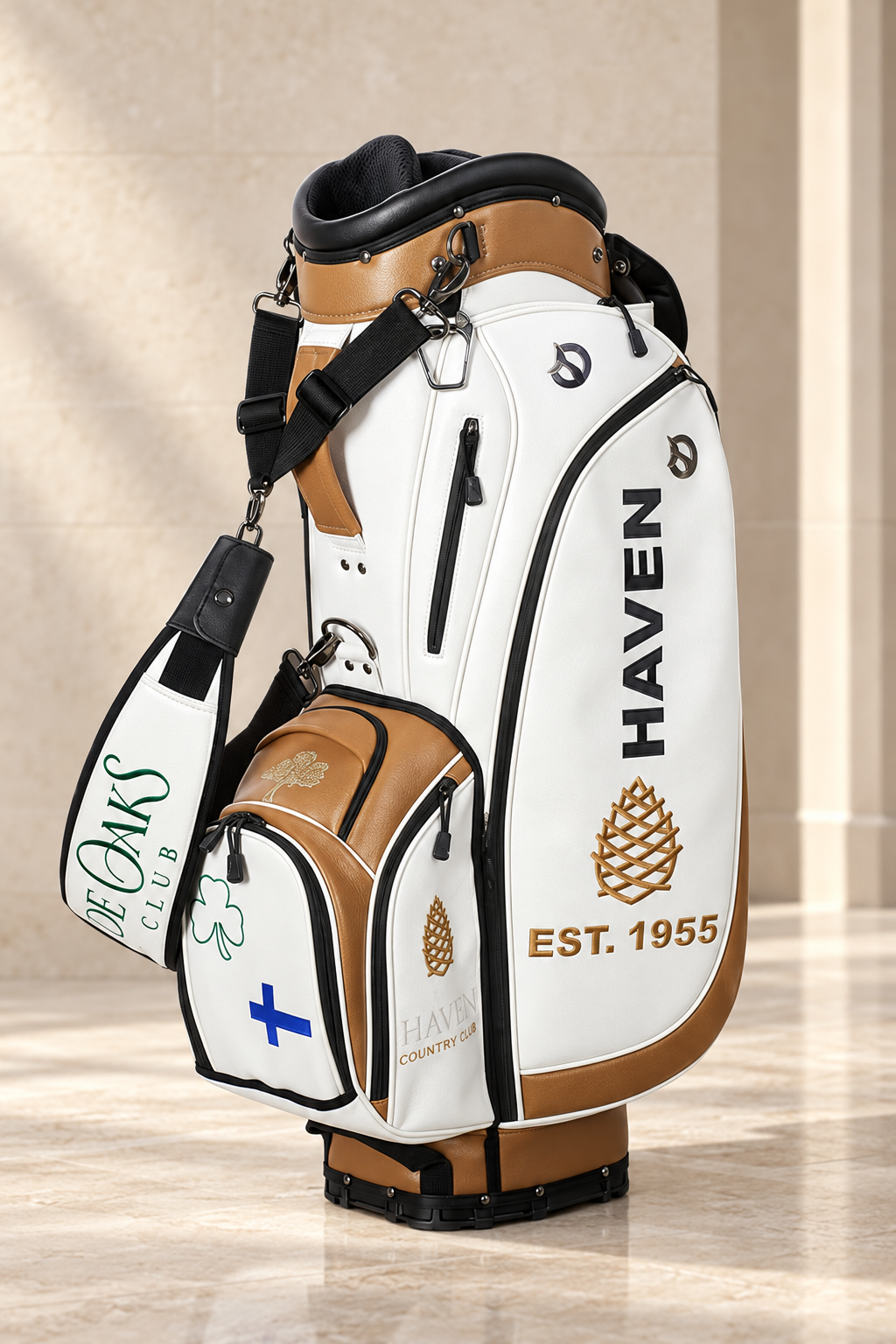 Individual golf story staff bag in saddle tan and ivory with crest