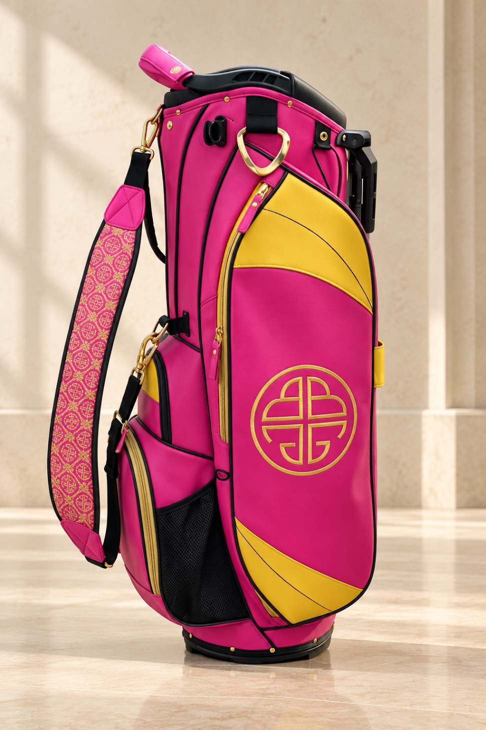 Family gift stand bag in magenta and gold with patterned strap