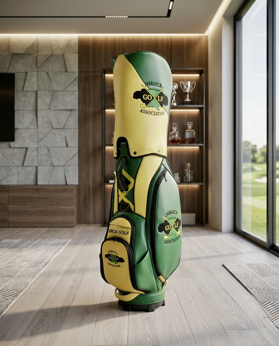 Jamaica Golf Association staff bag in green and gold with embroidered association crest