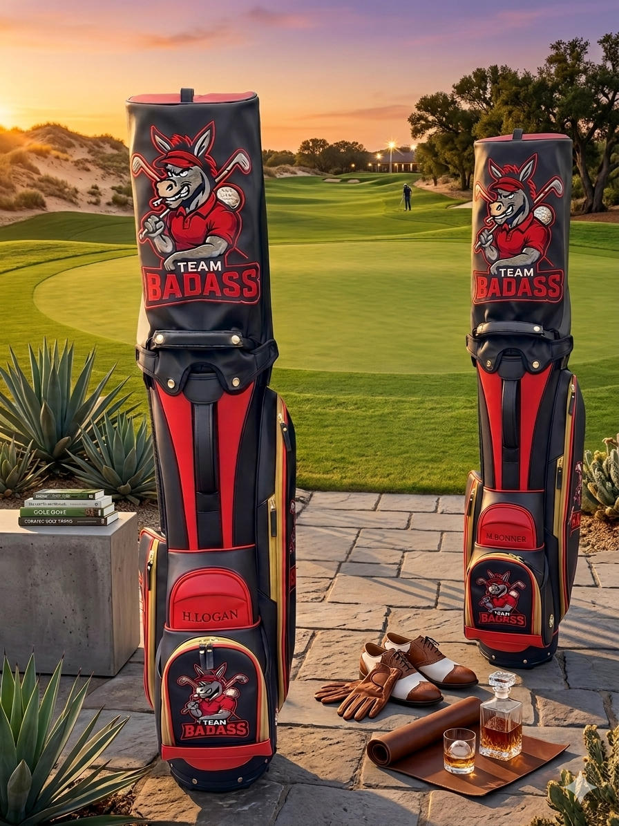 Matching Team Badass rev stand bags in black and red with embroidered donkey mascot and player names