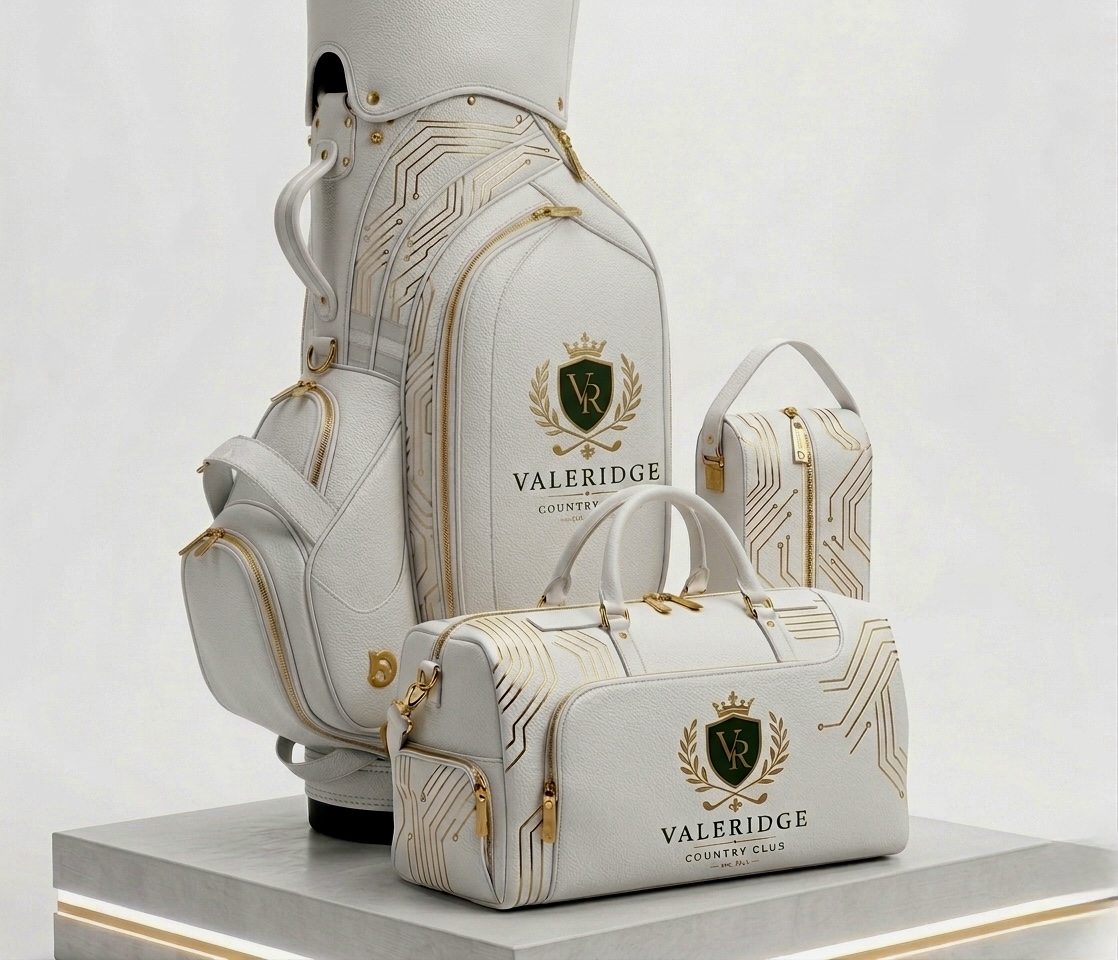 White and gold Valeridge Country Club cart bag with a matching duffle and shoe case on a marble plinth.