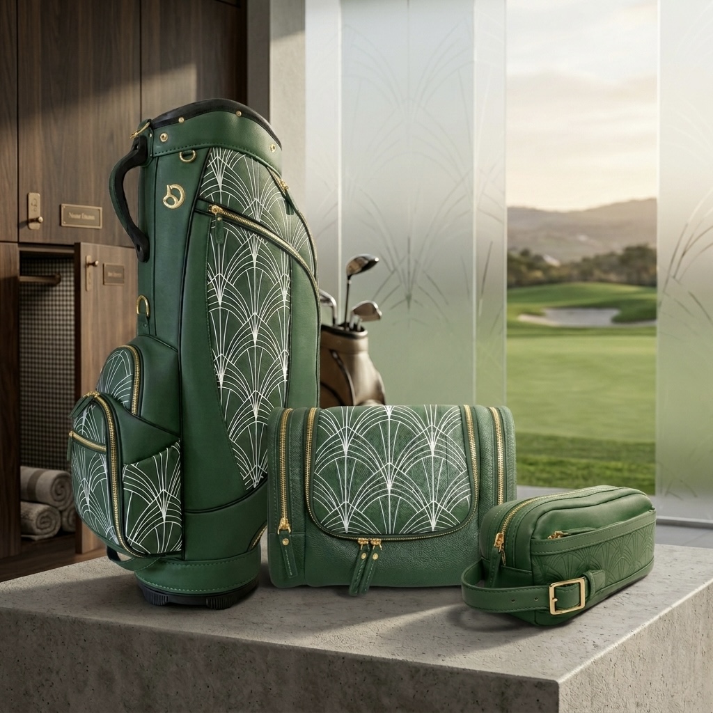 Green art-deco cart bag with matching valet and dopp kit, set against a clubhouse window overlooking the course.