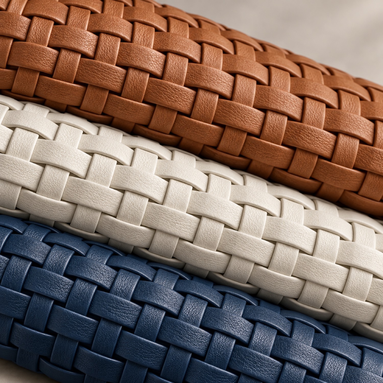 Hand-woven full-grain leather in Estate Blue, with antique brass hardware.