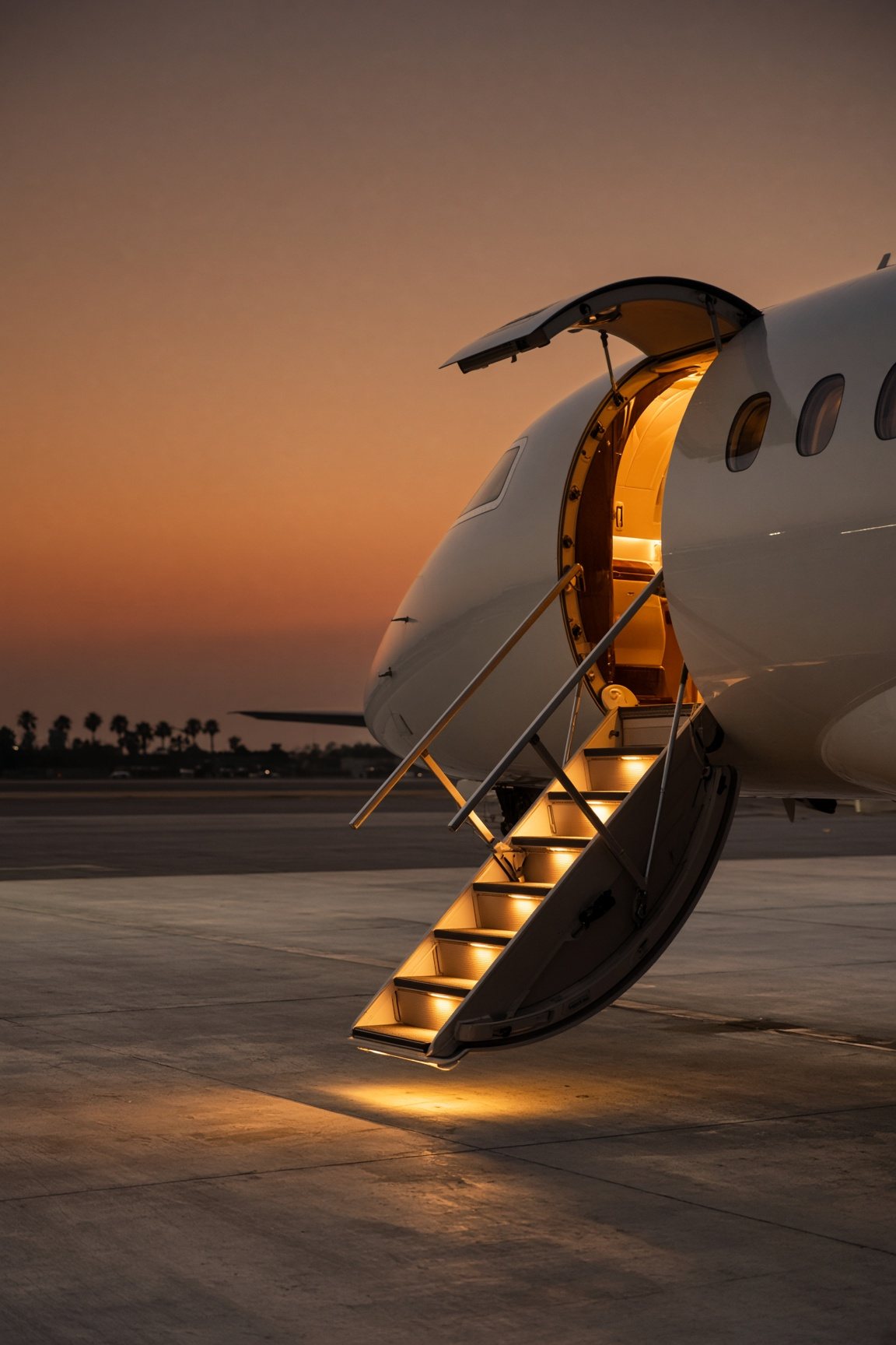 A private aircraft on the tarmac at dusk, with ORKAI™ bags at the foot of the stairs.