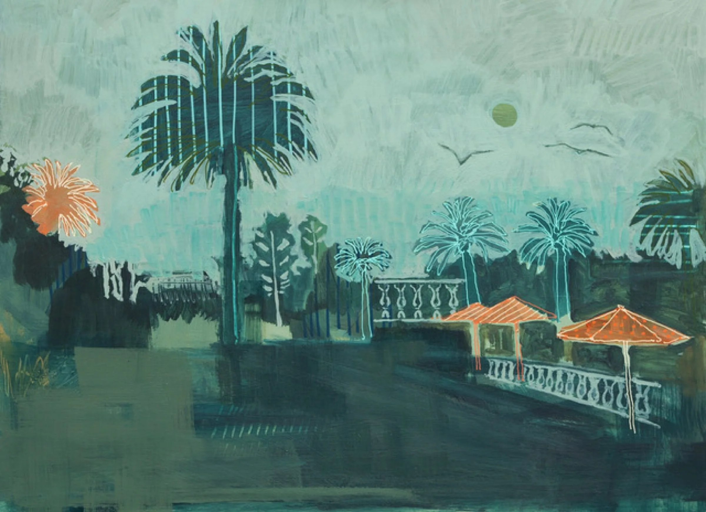 Patterned Palms & Peach Umbrellas, the original painting by Holly Beals.
