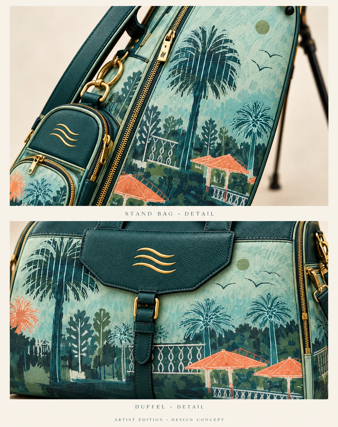 Palm Terrace details on the stand bag and the duffle.