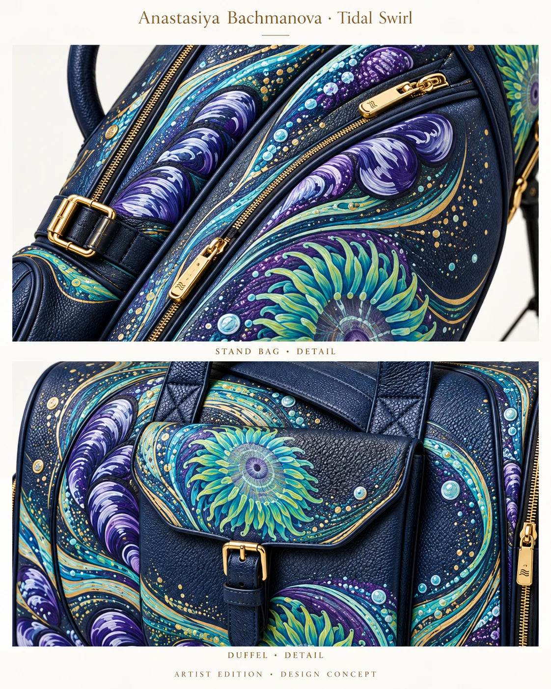 Tidal Swirl details on the stand bag and the duffle.