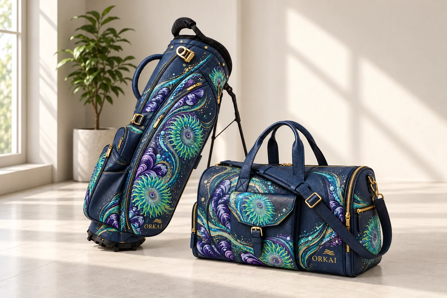 The Tidal Swirl edition by Anastasiya Bachmanova: The Walker stand bag and the Lifestyle Duffle.