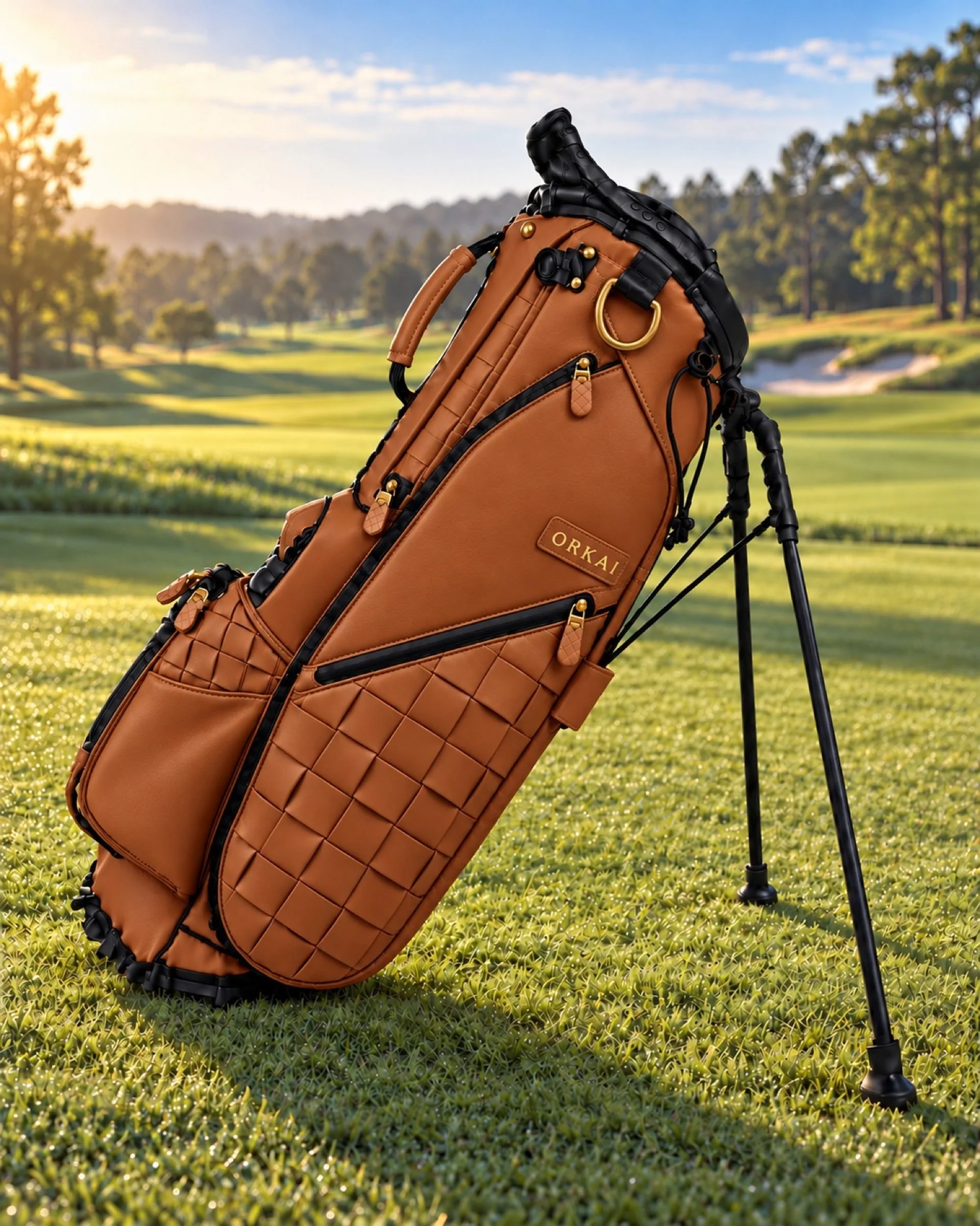 The Cognac stand bag on the course, in late light.