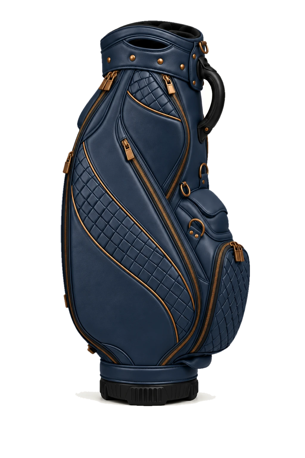 The Ace, a custom staff bag in Estate Blue and Ivory, standing on its legs.
