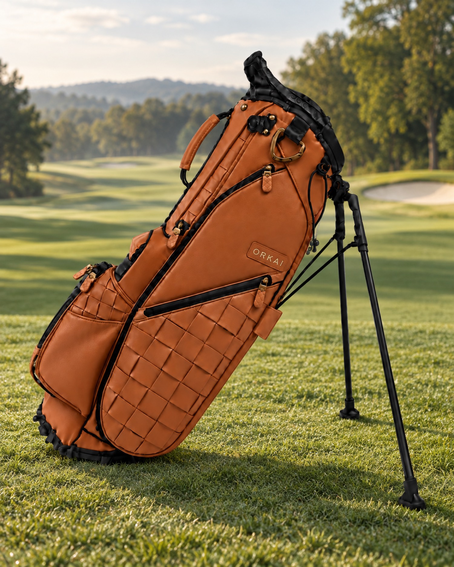 The Cognac stand bag, on its own legs, on the fairway.