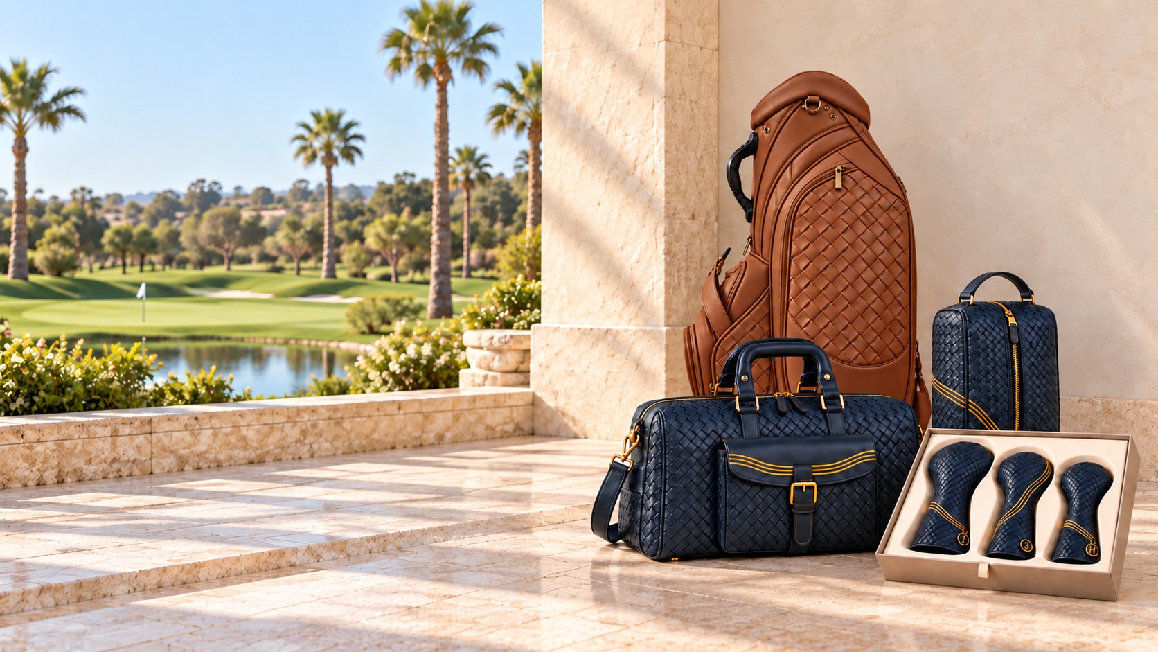 The ORKAI™ suite on the terrace: a Cognac cart bag, with the Estate Blue duffle, shoe bag and boxed headcover set.