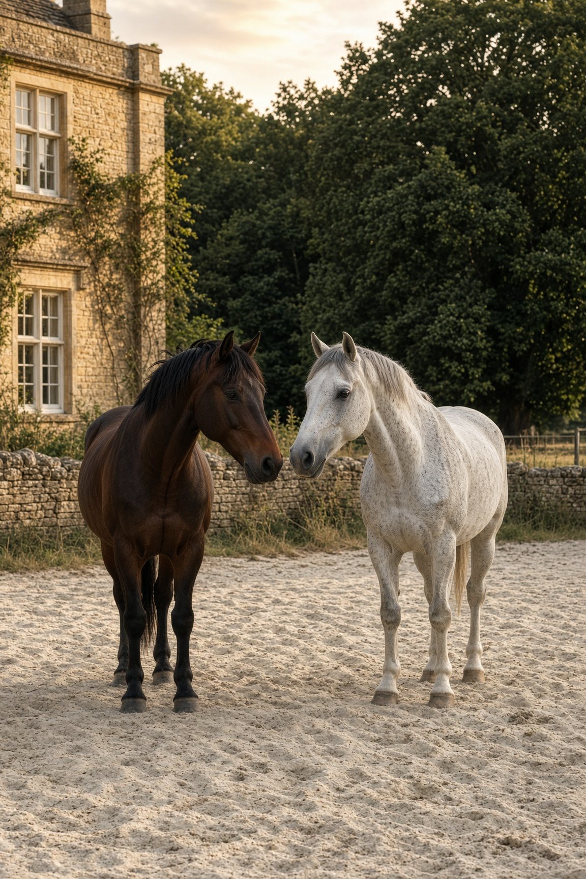 Two horses in a quiet paddock beside a pale estate wall.