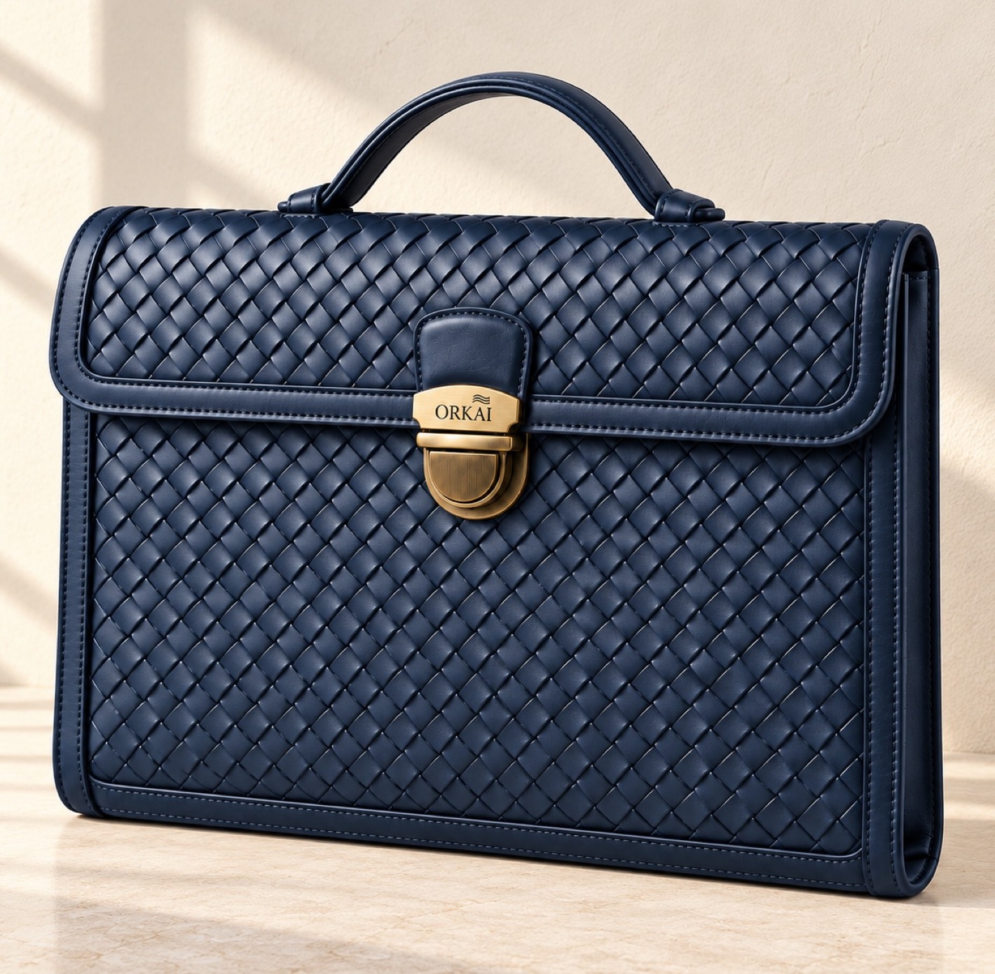 The Estate Blue Laptop Carry, closed, on stone in window light.