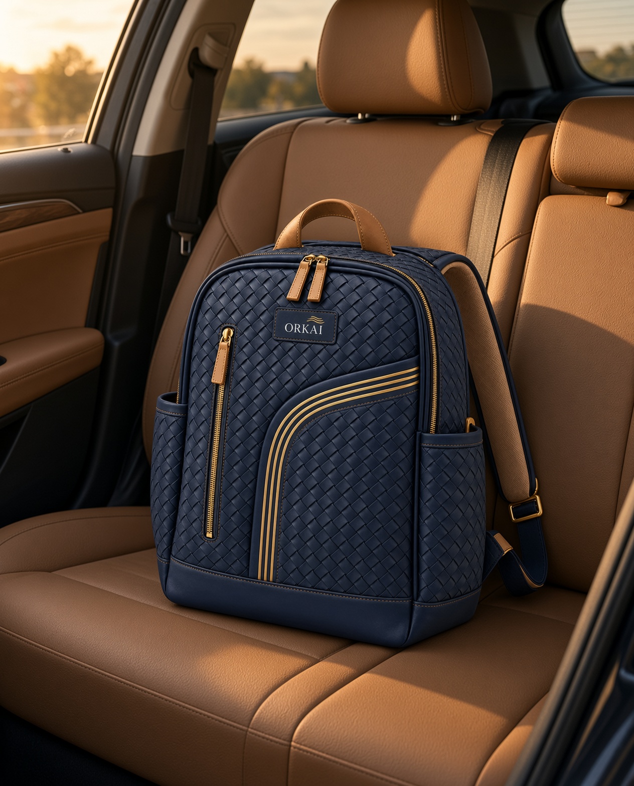 The backpack on the rear seat of a car.