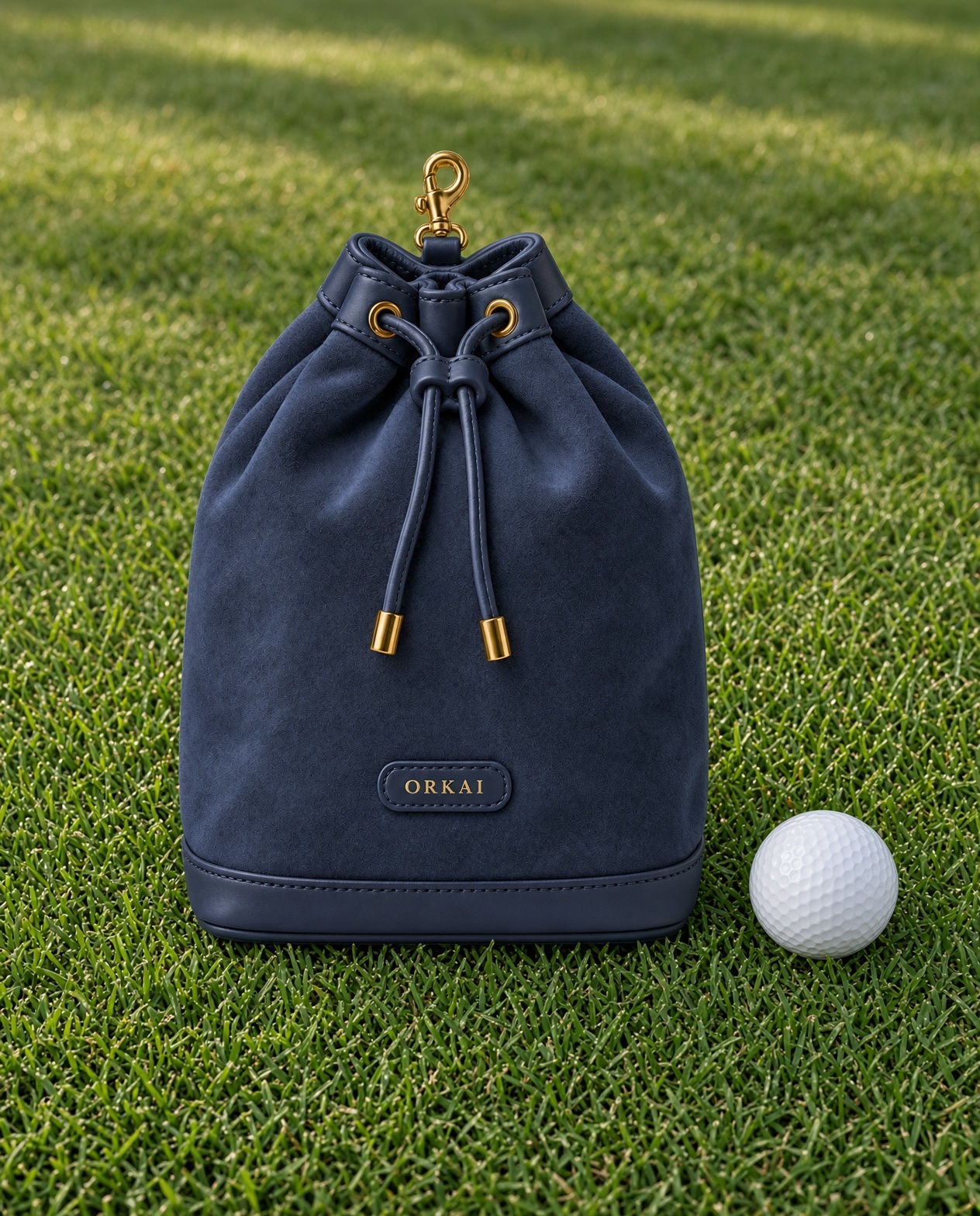 The ball holder on morning grass, with one ball.