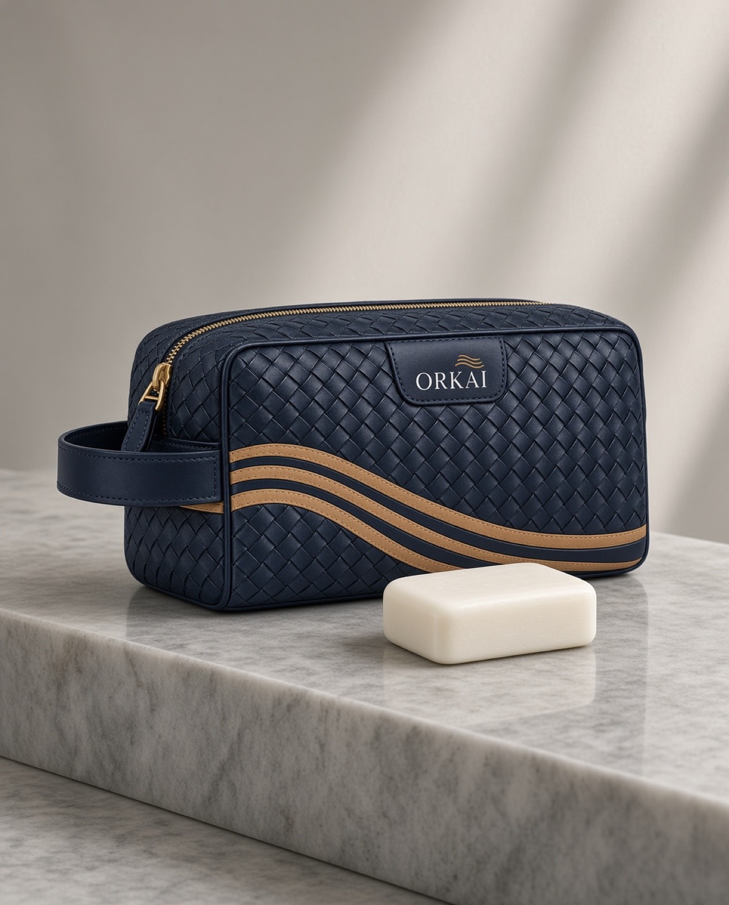 The grooming case on marble, with one bar of soap.